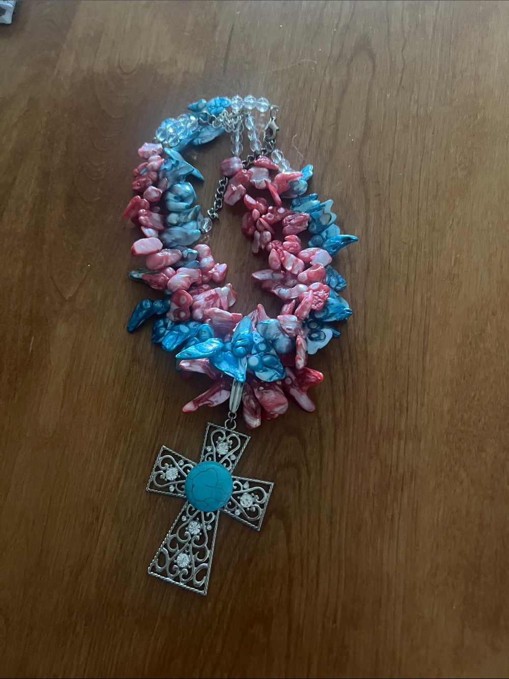 Boho Pink & Blue Chip Necklace with Turquoise Cross Pendant